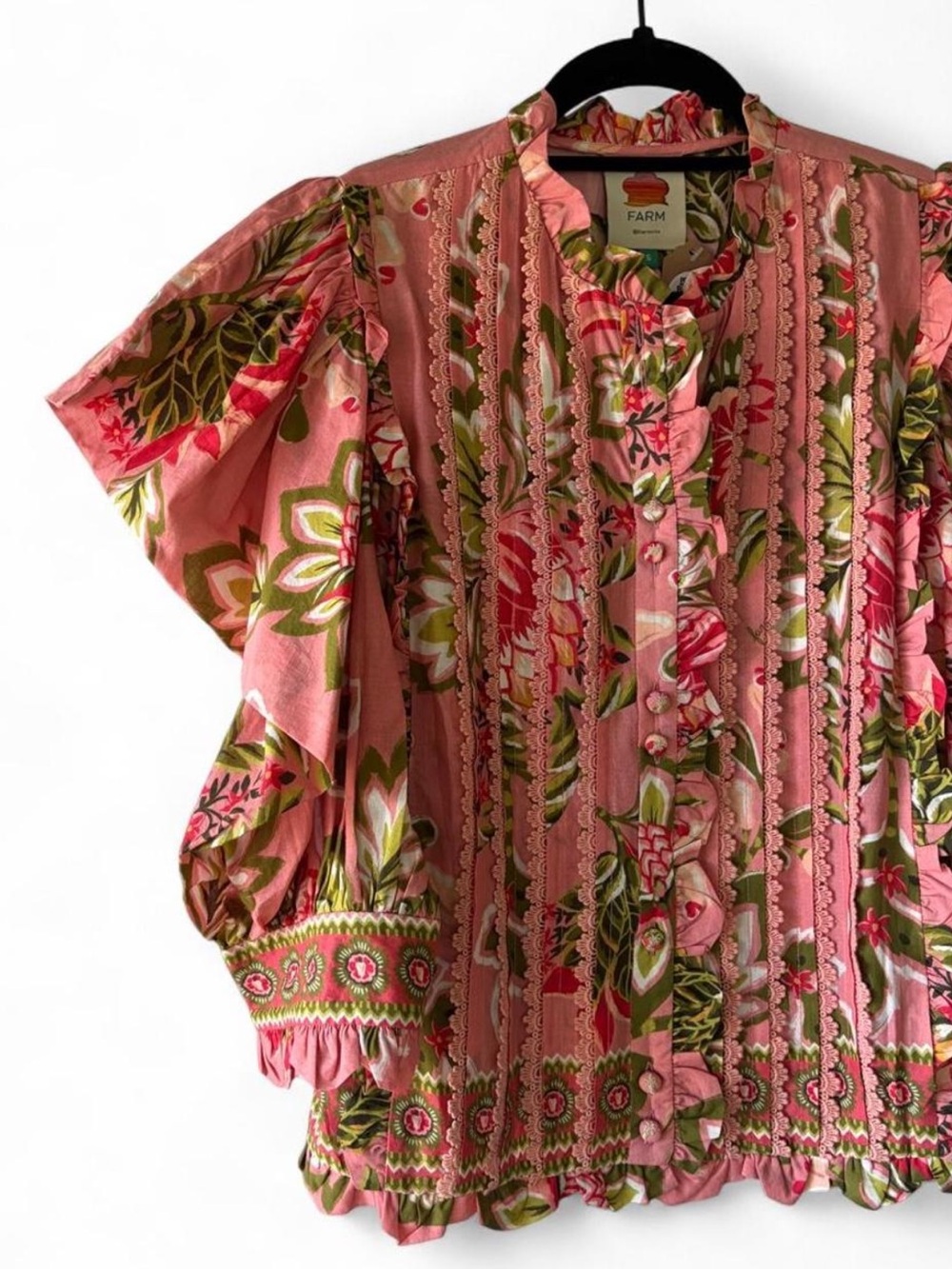 FARM Rio Aura Floral Ruffle Button-Front Blouse with Puff Sleeves - Picture 2 of 6